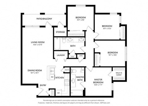 Floor plan for 4 beds, 2 baths, 1300 sqft